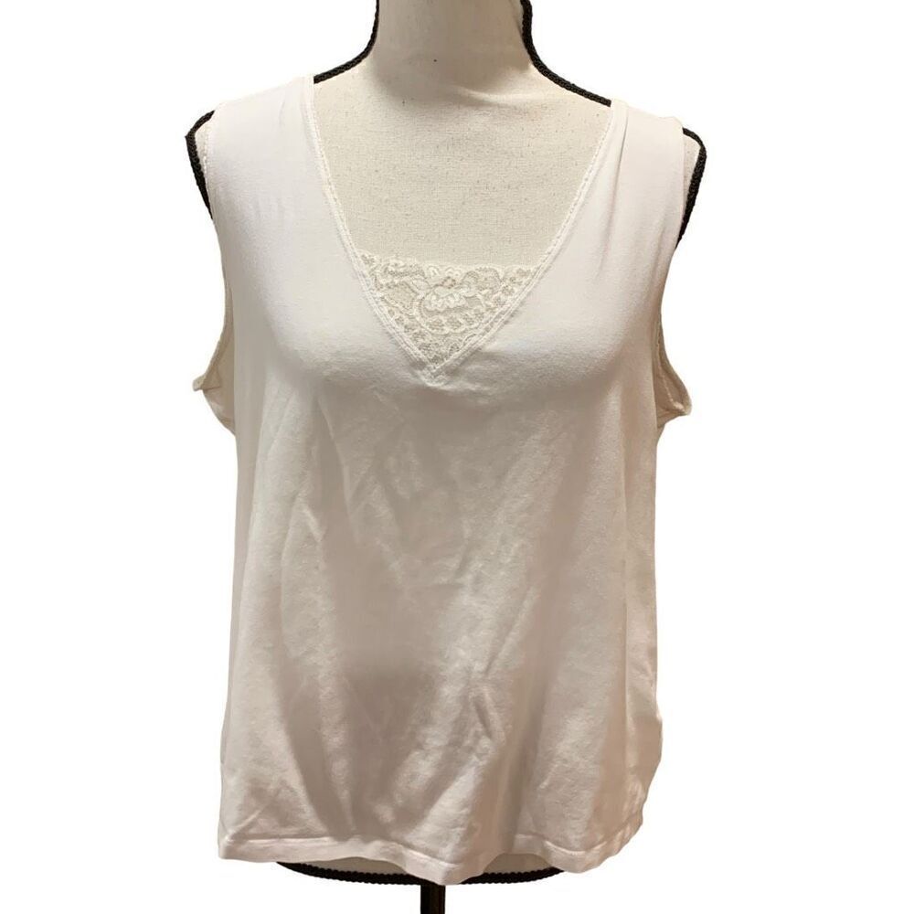 Jones New York Stretchy Tank White Cotton V-Neck with Lace Inset Women Sz XL